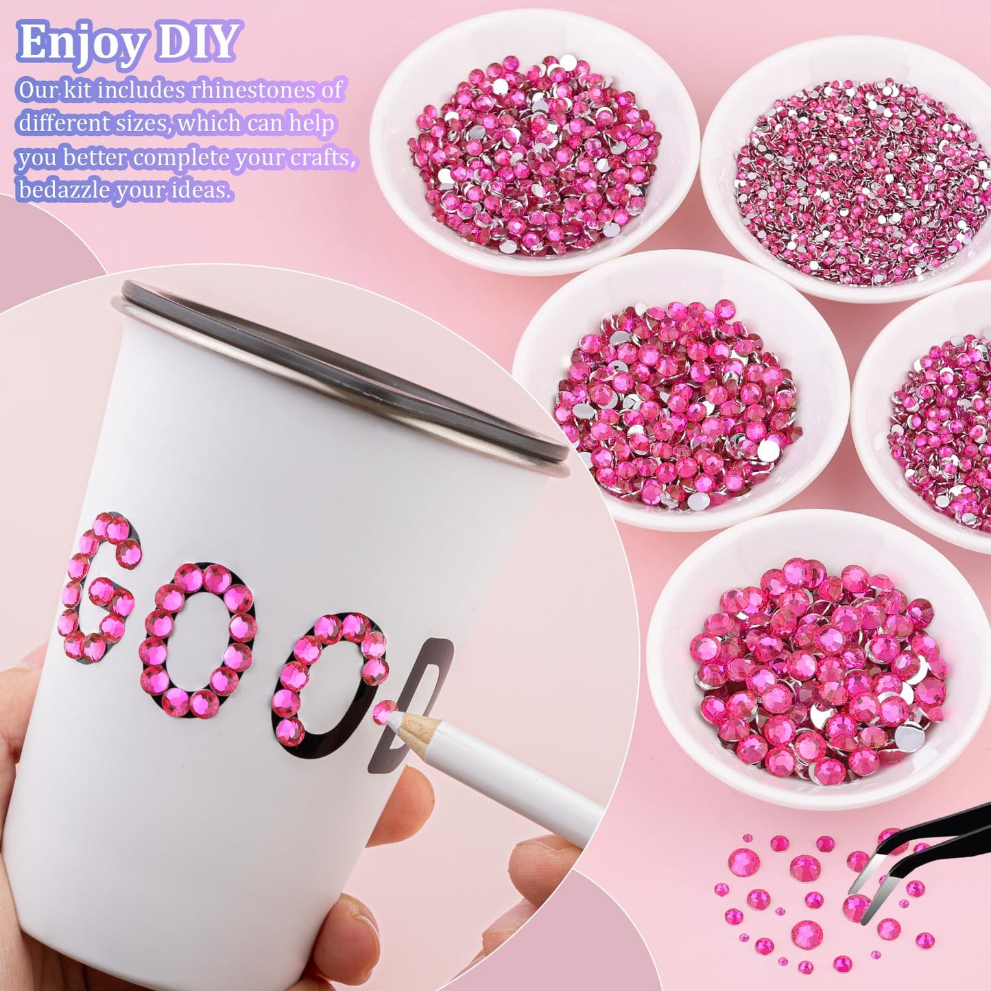 25000Pcs Resin Rhinestones with Tweezers for Crafting, Hot Pink 2-6mm Mixed Sizes Non Hotfix Flatback Gems, Bedazzling Crystal for DIY Craft Clothing Mugs Tumblers Shoes Fabric Decor Nail Art-BrightBean Baby