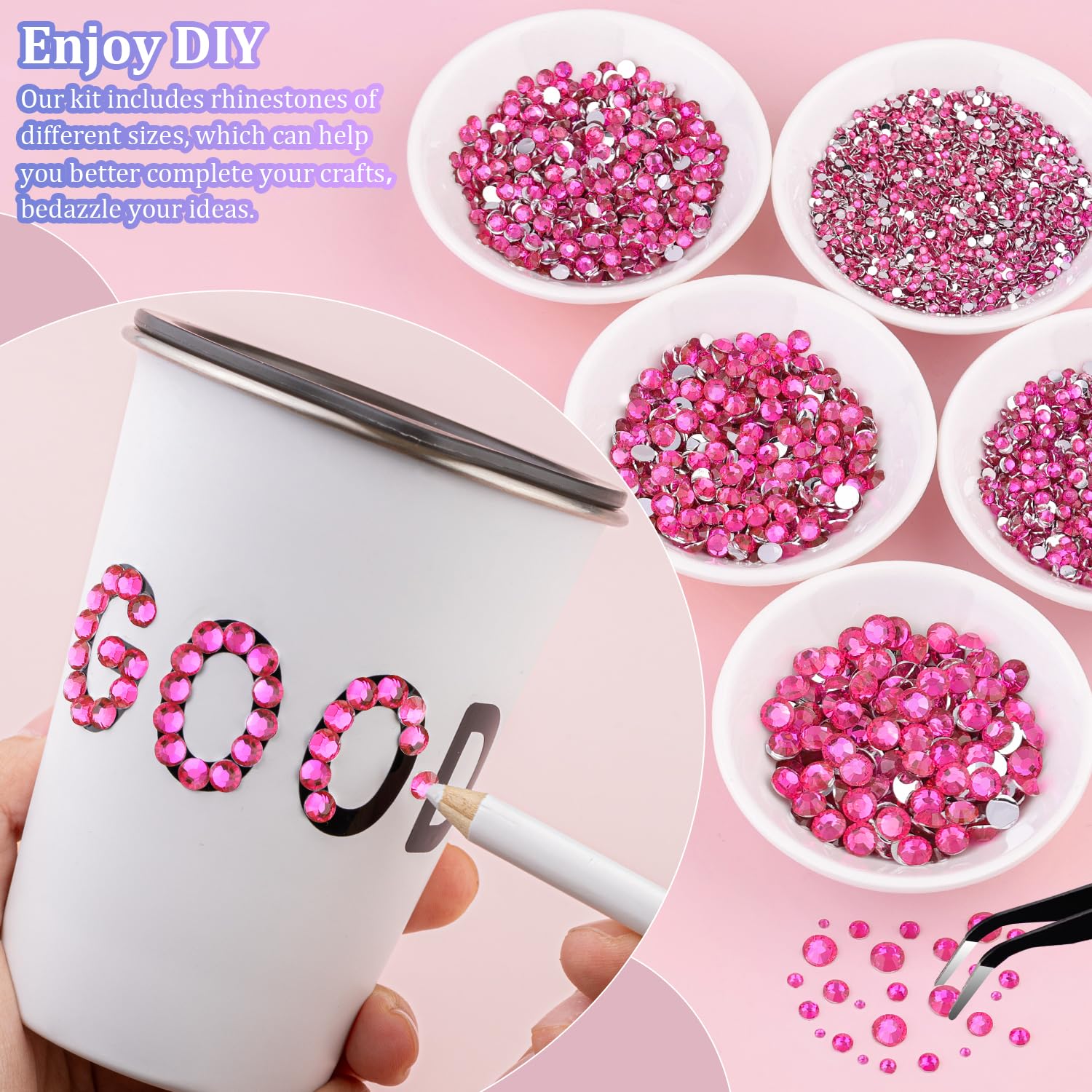 25000Pcs Resin Rhinestones with Tweezers for Crafting, Hot Pink 2-6mm Mixed Sizes Non Hotfix Flatback Gems, Bedazzling Crystal for DIY Craft Clothing Mugs Tumblers Shoes Fabric Decor Nail Art-BrightBean Baby