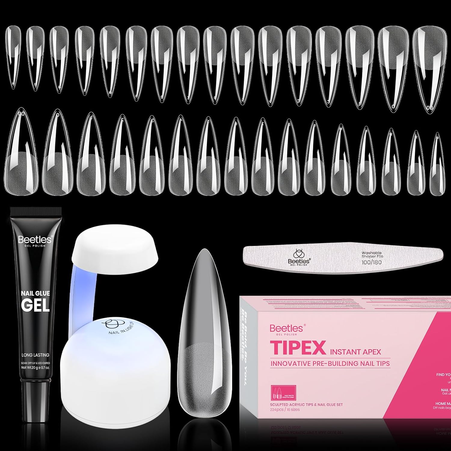 Beetles Tipex Instant Apex Nail Tips Kit Halloween Nails, Stiletto Long, 224pcs 16 Sizes, with Tipex UV Nail Glue Mini Nail Lamp,Pre-Building Pre-Etched Strong Thicker Acrylic Nail Tips Set-BrightBean Baby