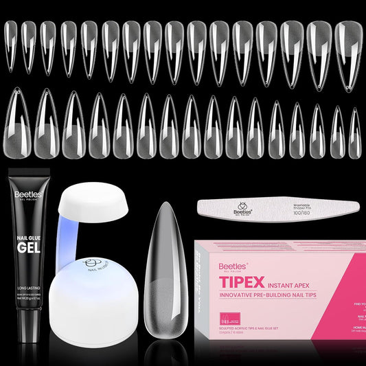 Beetles Tipex Instant Apex Nail Tips Kit Halloween Nails, Stiletto Long, 224pcs 16 Sizes, with Tipex UV Nail Glue Mini Nail Lamp,Pre-Building Pre-Etched Strong Thicker Acrylic Nail Tips Set-BrightBean Baby