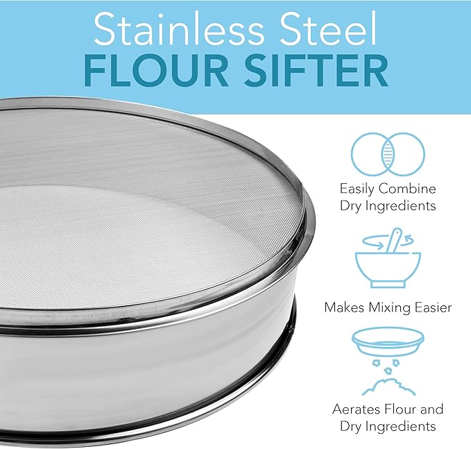 Stainless Steel Flour Sifter Fine Mesh Round Flour Sieve for Baking 9.5" Diameter x 2.5" High; 50 Mesh (Hole Size 0.3mm)