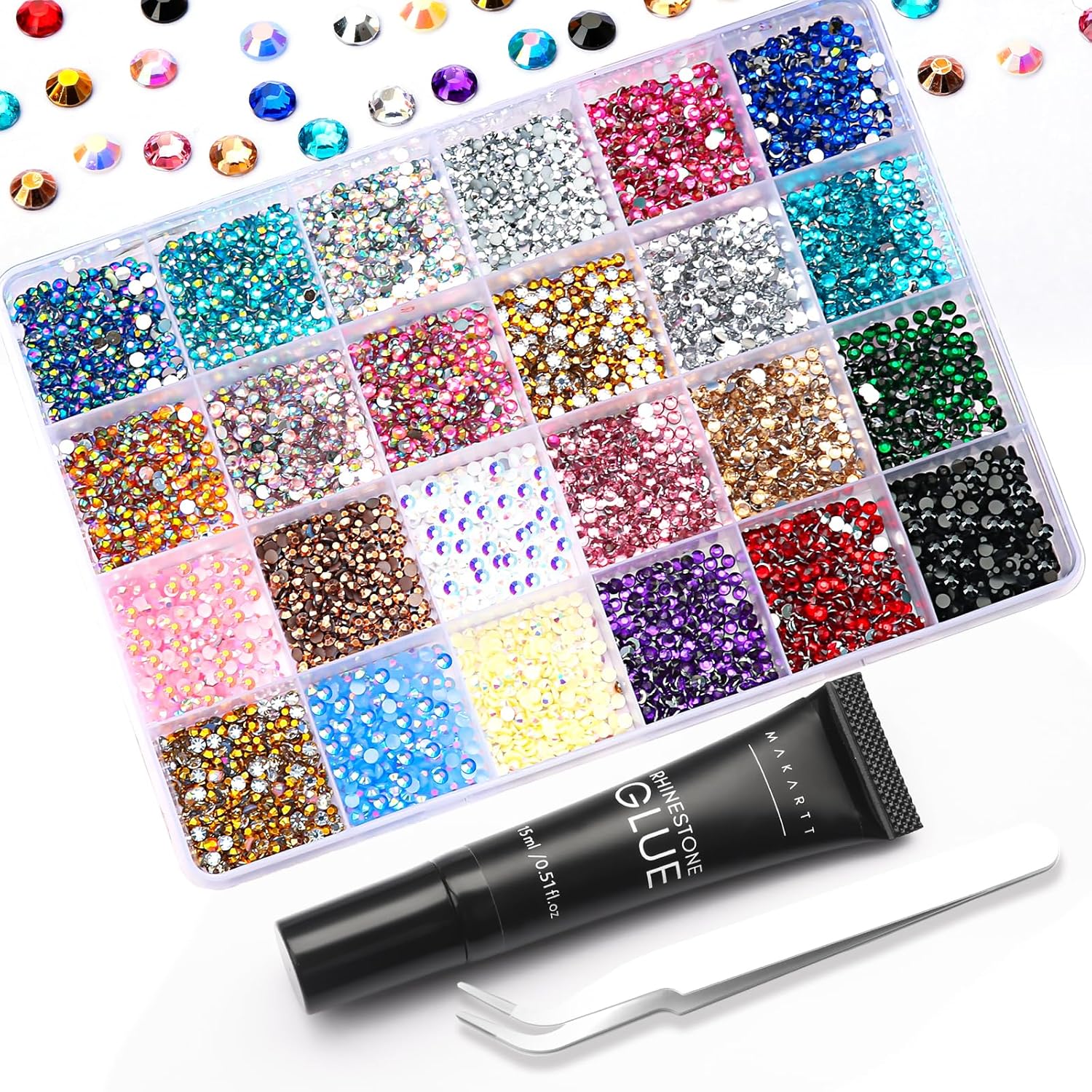 Makartt Nail Rhinestone Glue Kit: 15ml Strong Gems Adhesive Gel with 3360pcs 24 Colors Flatback Crystals Rhinestones for 3D Nails Art, Includes Tweezer, Home & Salon Manicure Kit-BrightBean Baby