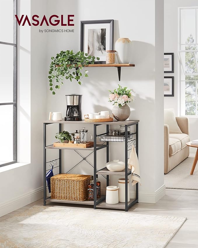 VASAGLE ALINRU Kitchen Baker’s Rack, Coffee Bar, Microwave Oven Stand, with Steel Frame, Wire Basket, 6 Hooks, for Mini Oven, Spices Utensils, Industrial, Greige and Black UKKS090B02