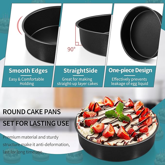P&P CHEF 6/8/ 9.5 Inch Cake Pan Set of 3, Non-Stick Round Cake Pans Tins for Tier Smash Cakes, Baking Pans Set & Essential Bakeware, Stainless Steel Core & Leak-Proof