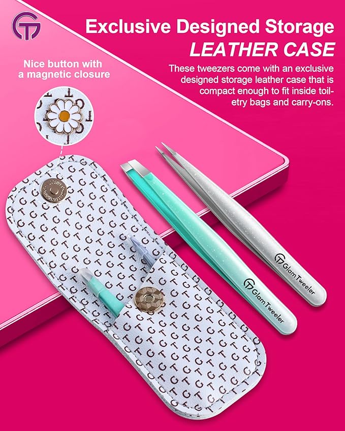 Expert Slant and Point Tip Tweezer Set with Exclusive Storage & Carrying Case, GlamTweeler Sharp & Precision Tweezer Set for Eyebrows, Facial Hairs & Fine Hairs Removal (Sparkle Mint Green + Silver)-BrightBean Baby