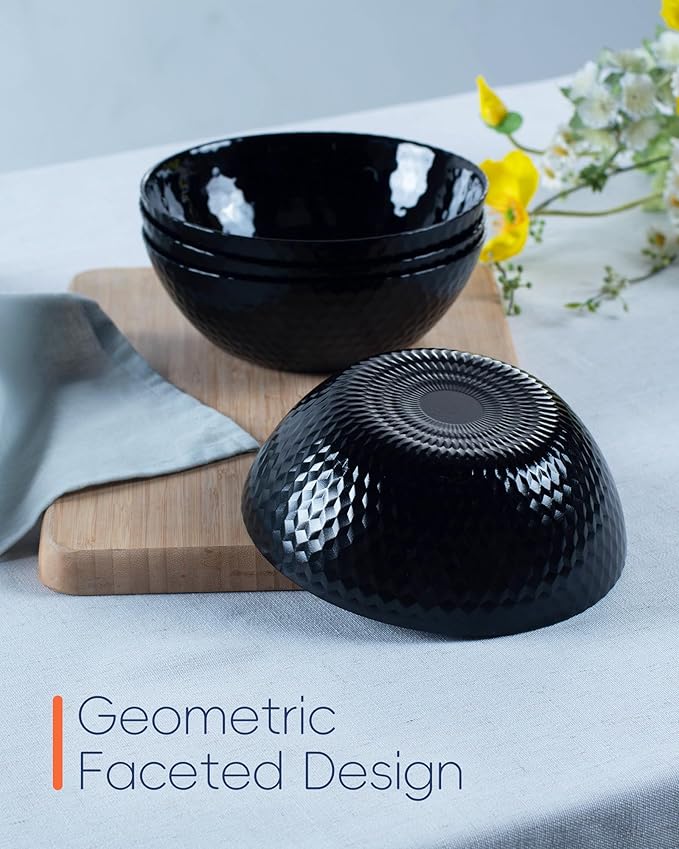 27 OZ Max Cereal Soup Bowl Set of 6, Opal Glass 7.2 inch Black Geometric Faceted Bowls for Ramen, Noodle, Salad, Fruit, Dishwasher and Microwave Safe