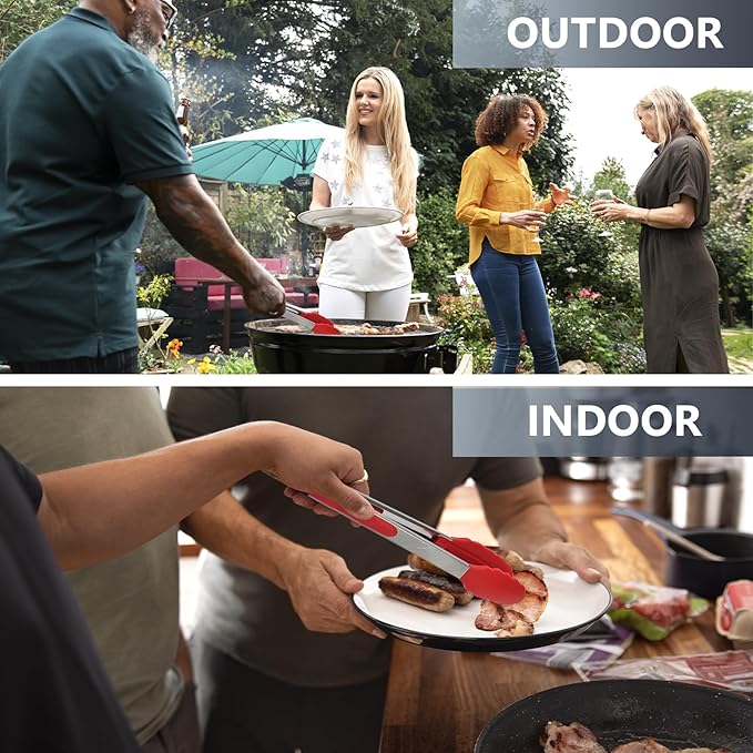 Kitchen Tongs, 2pcs Barbecue Tongs 10 inch & 12 inch with Silicone Tips, 1pc Brush Stainless Steel Cooking Tongs with Heat Resistant Handle for BBQ Serving, Grilling, Buffet, Dishwasher Safe (Red)