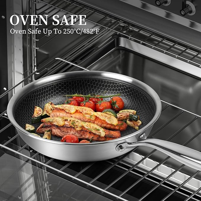Stainless Steel Nonstick Frying Pan with Lid 10 Inch - Honeycomb Skillet Wok Pan