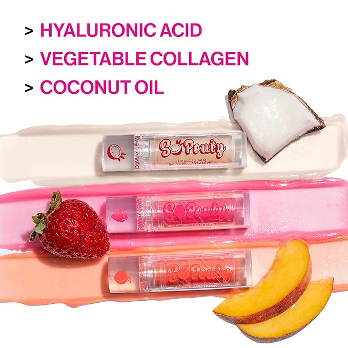 wet n wild Perfect Pout So Pouty Shine Tinted Lip Balm Peach Flavored, Hyaluronic Acid, Vegan Collagen, Moisturizing For Dry Lip Care, Pink (Pack of 2)-BrightBean Baby