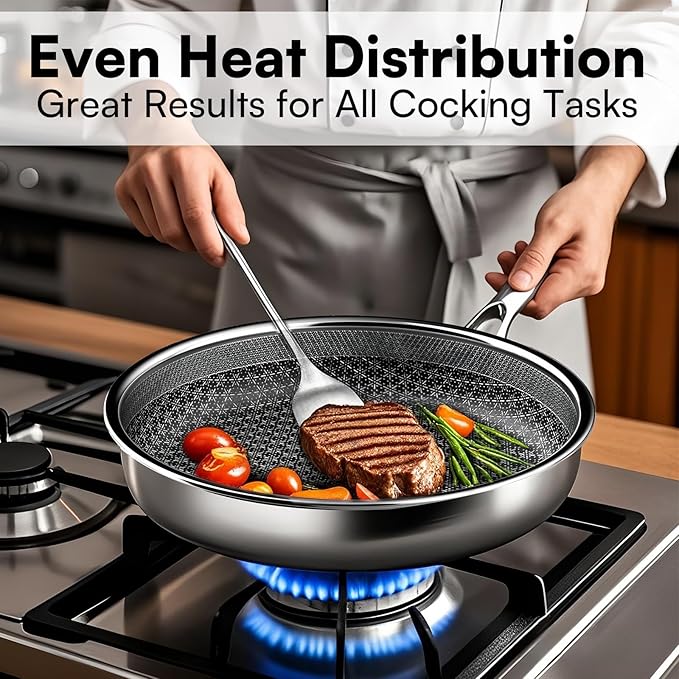 Non Stick Frying Pans with lid, 10 inch Hybrid Frying Pans Nonstick, non stick Stainless Steel Skillets, Dishwasher and Oven-Safe, nonStick Cookware, Induction Compatible Cooking Pan