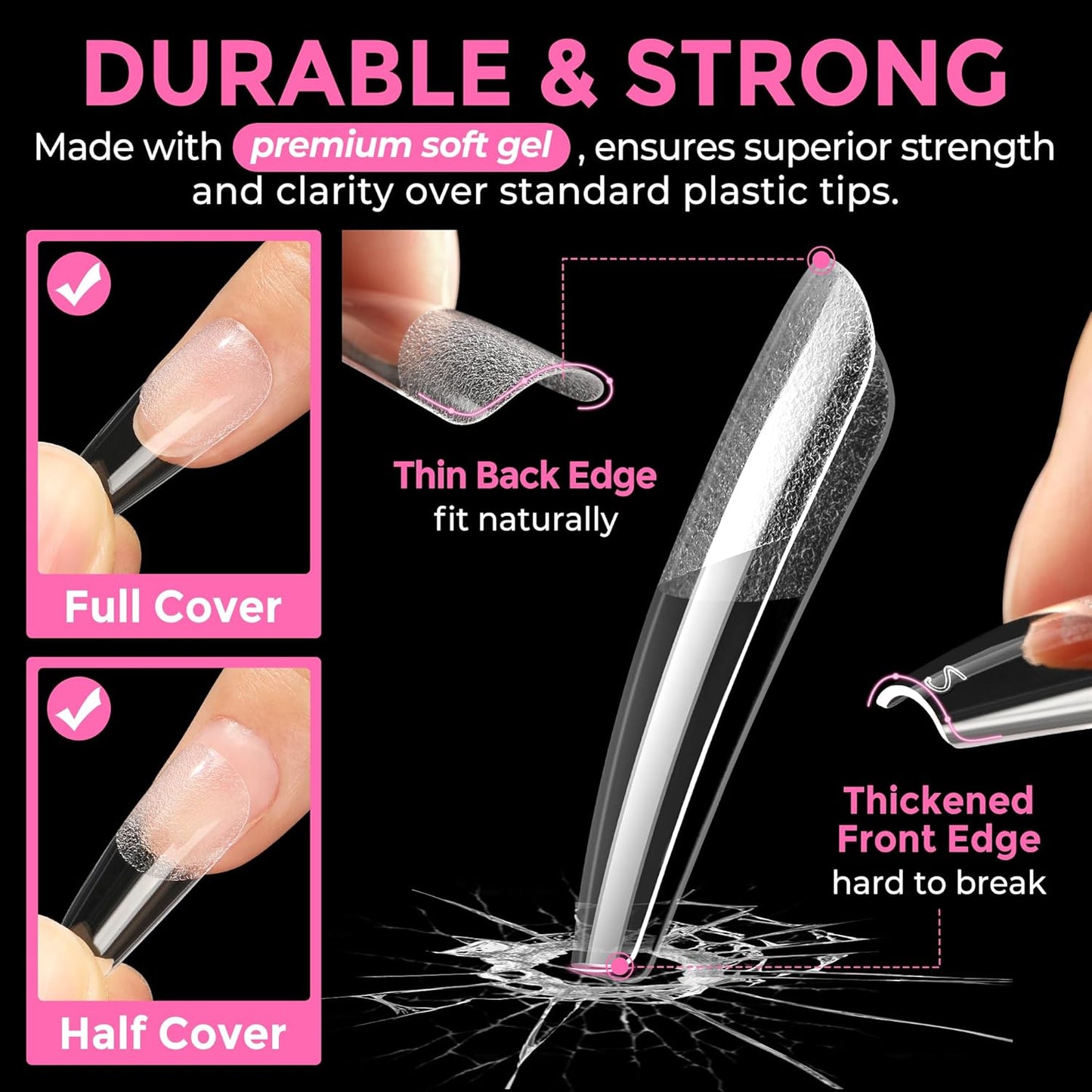 UNA GELLA Long Coffin Nail Tips: 216pcs Coffin Acrylic Fake Nails Full Cover Gel Nail Tips Press On Nails Clear Tips for Nail Extension DIY Salon 12 Sizes-BrightBean Baby