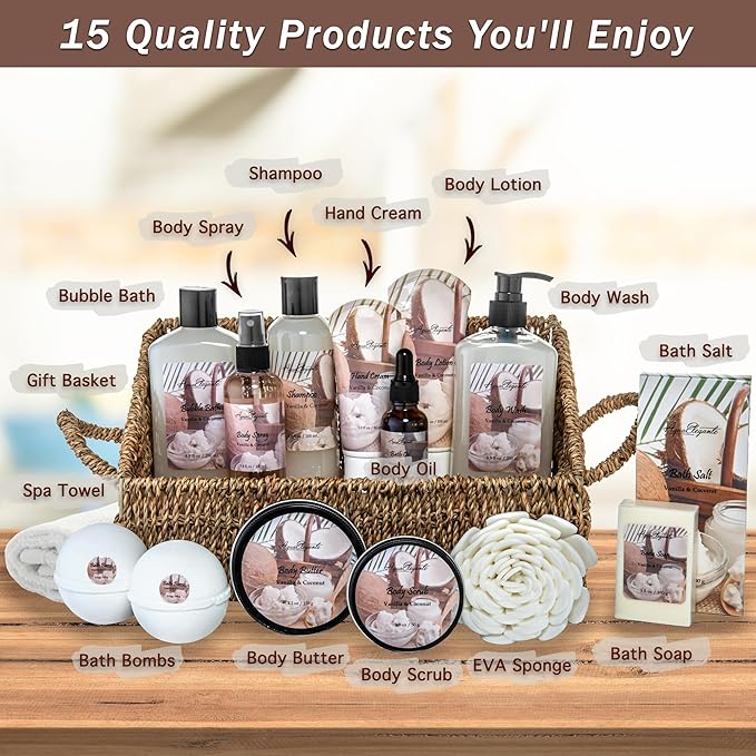 Bath Spa Gift Sets - Luxury Basket With Coconut & Vanilla - Spa Kit Includes Wash, Bubble Bath, Lotion, Bath Salts, Body Scrub, Shower Puff, Bathbombs, Soap in Wooden Basket-BrightBean Baby