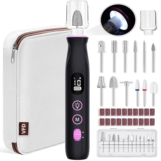 Electric Nail Drill, Cordless 2000 mAh Rechargeable Portable Nail File 12 in 1 Kit for Thick Toenails, 10 Speeds Nail Dril Machine Professional Manicure Pedicure for Hand Natural Nails Care (Black)-BrightBean Baby