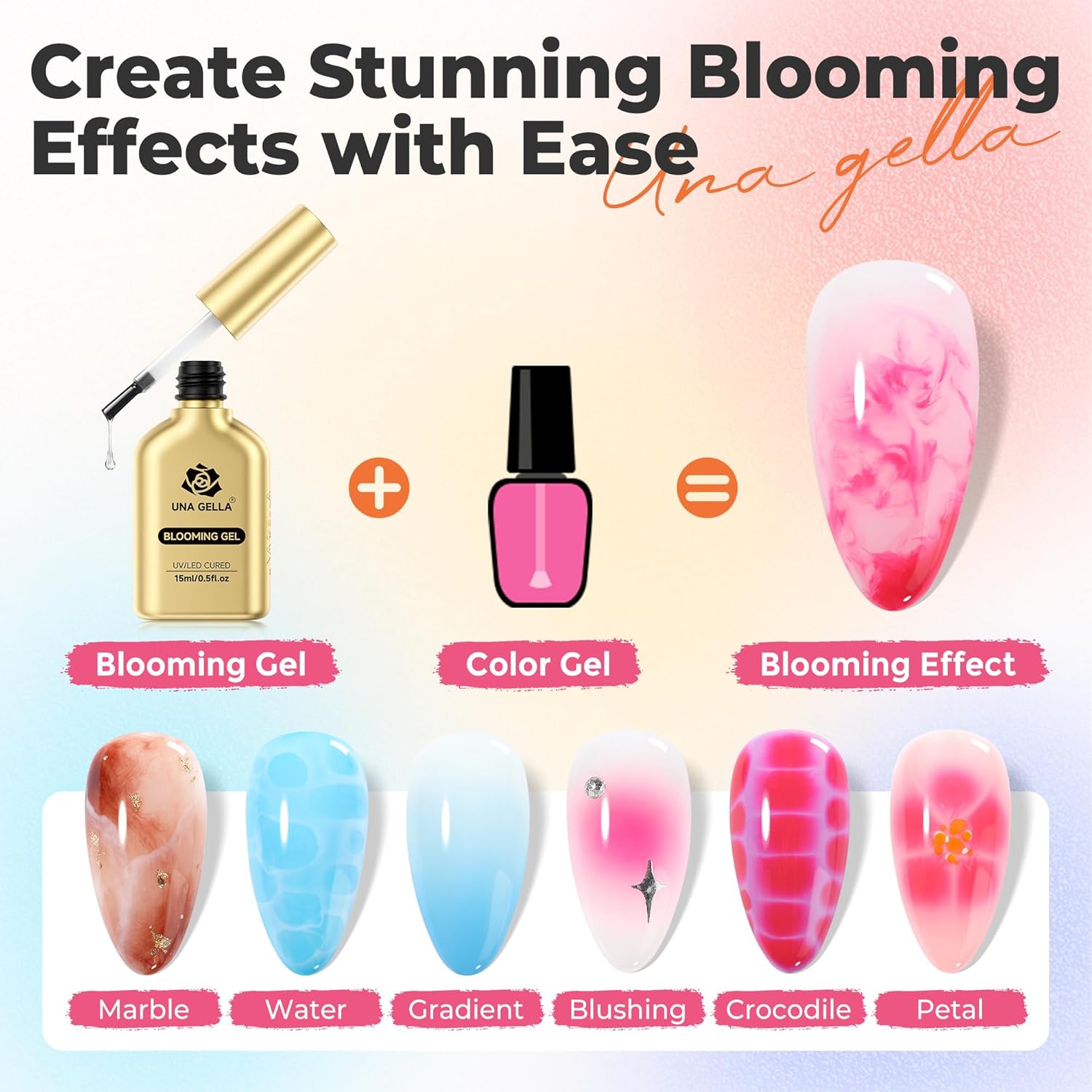 UNA GELLA Blooming Gel Nail Polish 15ml Super Clear for Spreading Effect U V/LED Needed Nail Blooming Gel for Marble Natural Stone Floral Print Watercolor Effect Design Soak Off Home DIY Salon-BrightBean Baby