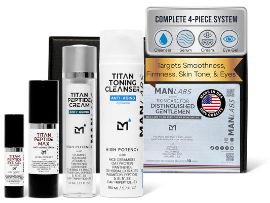 Titan Oscar Anti-Aging Mens Skin Care Kit – Wash, Face Serum, Eye Cream, Mens Face Moisturizer – Men, Skin Care Set – Dark Circles, Wrinkles, Fine Lines – Vitamin C, Peptides, Niacinamide, HA-BrightBean Baby