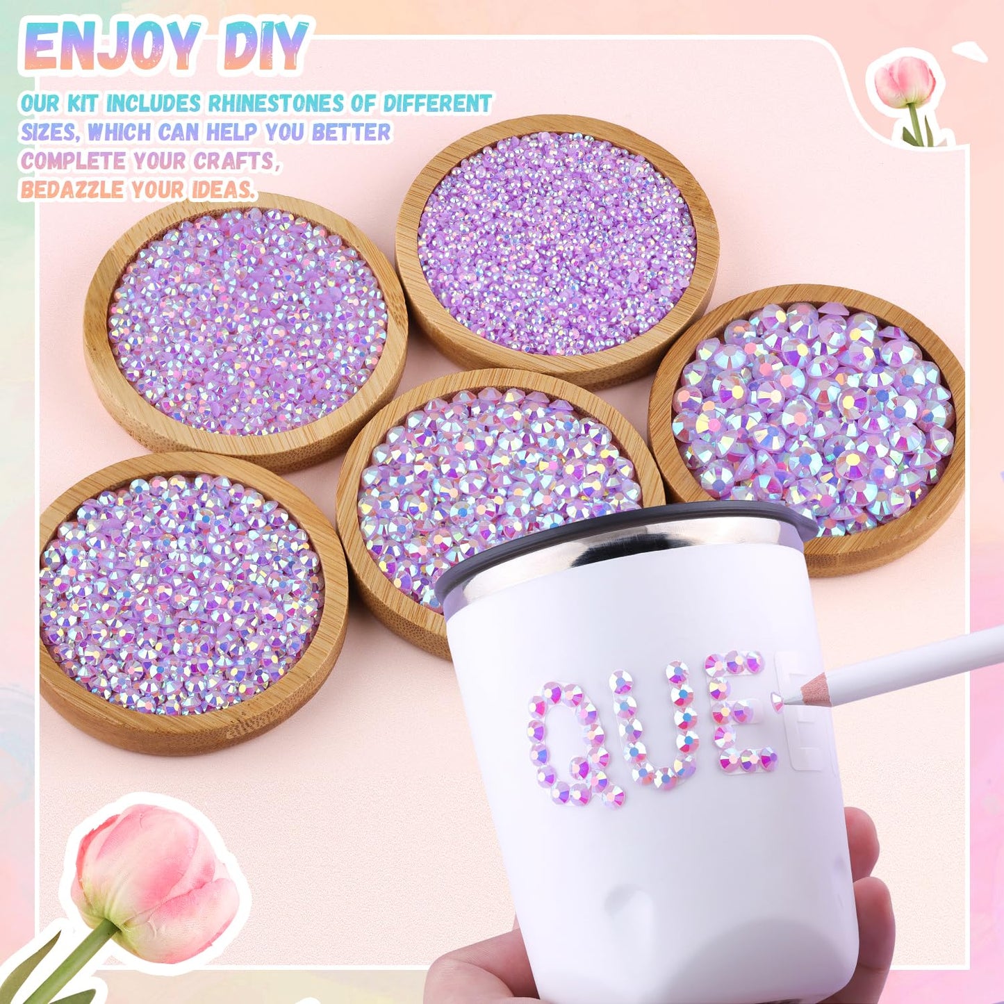 25000Pcs Resin Rhinestones with B7000 Jewelry Glue for Crafting, Lavender Purple AB 2-6mm Non Hotfix Flatback Gems, Bedazzling Crystal for DIY Crafts Clothing Tumblers Mugs Shoes Fabric Decor Nail Art-BrightBean Baby