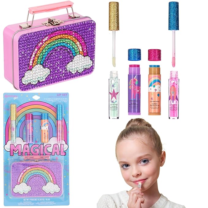 Expressions 5pc Rainbow Rhinestones Cosmetics Lip Kit For Kids w/Lip Glosses, Lip Balms & Tin Box Storage Case Magical Lip Set,Washable + Non Toxic-BrightBean Baby