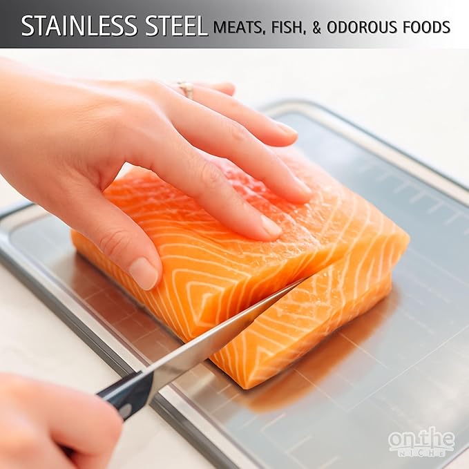 304 Stainless Steel Cutting Board – Double-Sided Kitchen Chopping Board with Wheat Straw PP, Built-in Knife Sharpener, Juice Grooves, Garlic & Ginger Grater, Handle – 14.37 x 9.84 in