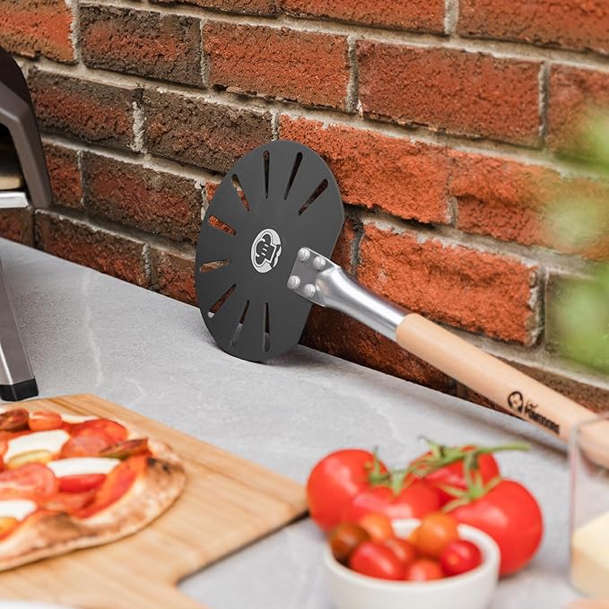 Chef Pomodoro Pizza Turning Peel Aluminium with Wood Handle for Easy Storage, Perforated Pizza Peel Turner, Gourmet Luxury Pizza Paddle for Baking Homemade Pizza Bread, Pizza Turner (7-Inch)