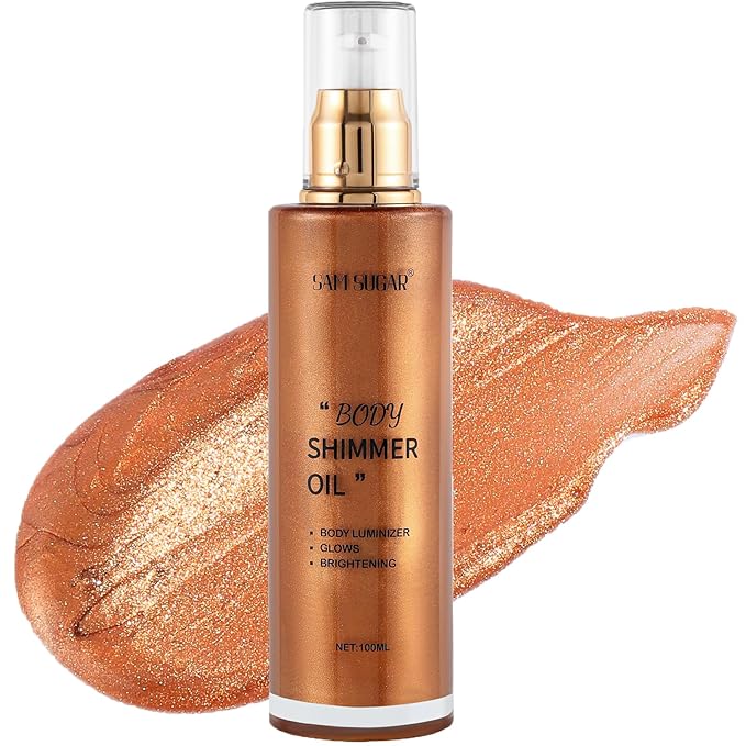 Shimmer Body Oil, Long Lasting Moisturizing Body Glow Glitter for Women Face Luminizer Highlighter Makeup 100ml Shimmer Oil for Glowing Skin Lotion (Bronze Gold)-BrightBean Baby