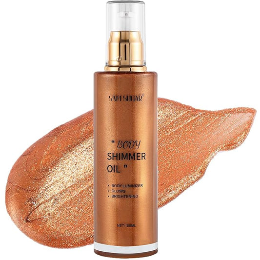 Shimmer Body Oil, Long Lasting Moisturizing Body Glow Glitter for Women Face Luminizer Highlighter Makeup 100ml Shimmer Oil for Glowing Skin Lotion (Bronze Gold)-BrightBean Baby