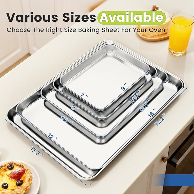 12 Pack Stainless Steel Baking Sheet Pans, 9" L × 7" W × 1" H Cookie Sheets for Toaster Oven, Rust-Resistant, Dishwasher Safe