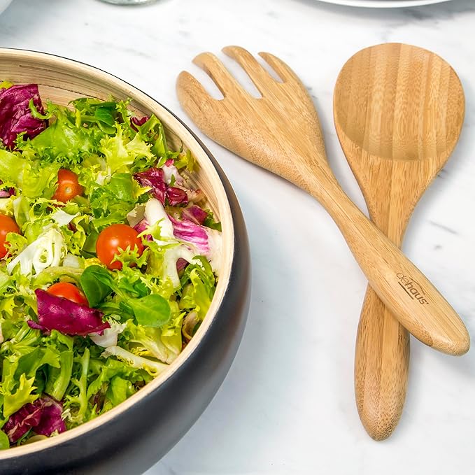 Dehaus® Large Premium Bamboo Salad Tongs - Eco Friendly Wooden Serving Spoons - Salad Serving Utensils - Salad Tosser Forks - Giant Wood Salad Servers - 12 inch Salad Hands