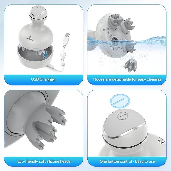 COMFIER Electric Scalp Head Massager with 4 Soft Silicone Massage Heads, Portable Hair Massager for Hair Growth, Relieve Stress, Head Scratcher for Deep Relaxation, Dog Cat Massager, Gray-BrightBean Baby