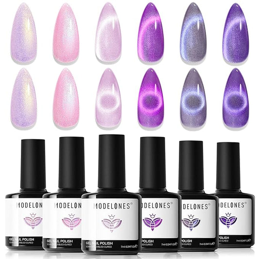 modelones Cat Eye Gel Nail Polish, 6 Colors Purple Pink Glitter Gel Polish Set with Magnet Sparkle Galaxy Series Nail Polish Kit Soak Off Led Nail Art Manicure Salon DIY Gifts-BrightBean Baby