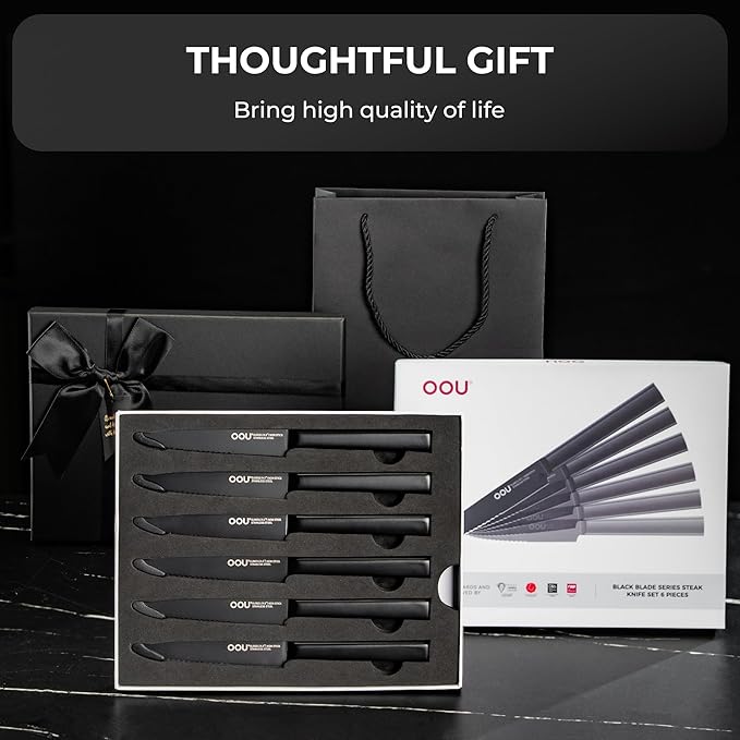 OOU Steak Knives Set of 6, 4.5" German High Carbon Stainless Steel Steak Knife Set, Serrated Steak Knives, Dishwasher Safe & Rust-Resistant Kitchen Knife Sets