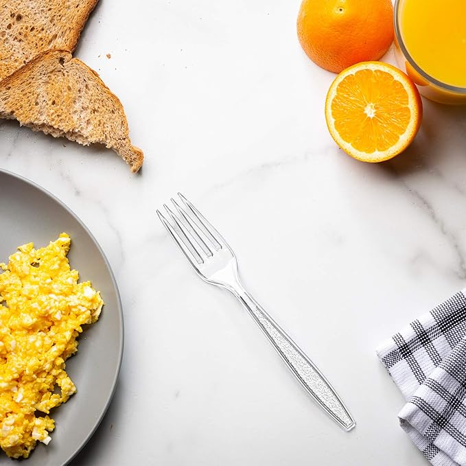 Comfy Package [300 Pack] Heavyweight Clear Plastic Forks with Engraved Design - Disposable Sturdy Plastic Utensils for Parties, Weddings, and Events