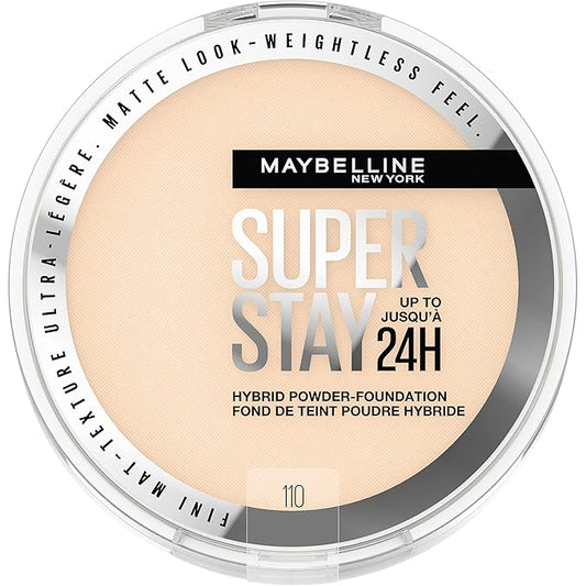 Maybelline Super Stay Up to 24HR Hybrid Powder-Foundation, Medium-to-Full Coverage Makeup, Matte Finish, 110, 1 Count-BrightBean Baby