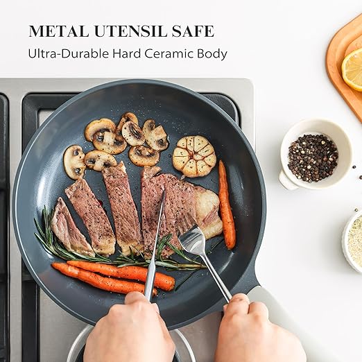 PRICUSIS Nonstick Ceramic Frying Pan, 8/10/12 Inch Non Toxic Skillet, Egg & Omelet & Chef's Pan, Induction Compatible & Oven Safe, Dishwasher Safe,PTFE PFAS & PFOA Free (10 Inch, Gray)