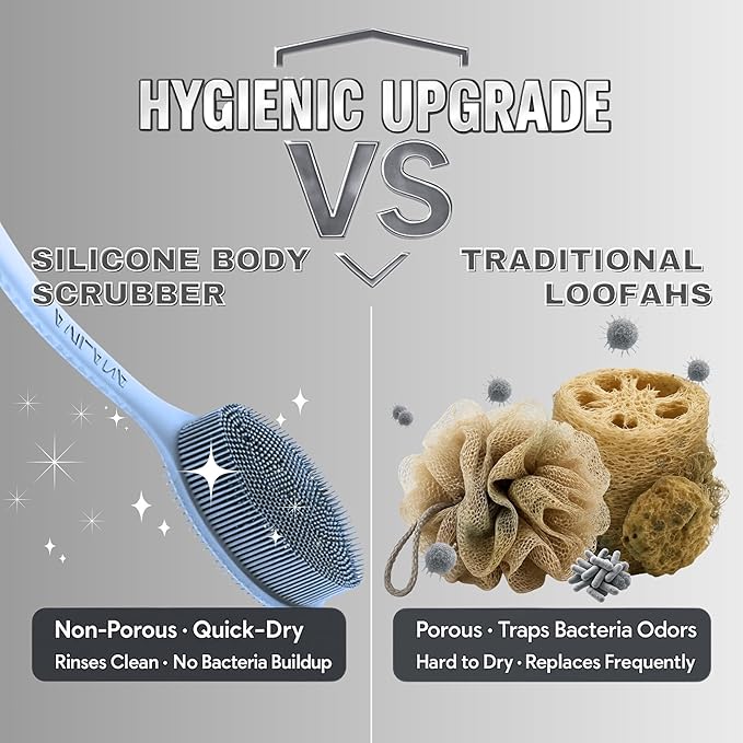 Avilana Silicone Body Scrubber – Gentle Shower Brush & Loofah Alternative- Food Grade & Lab Tested – Fast-Drying, Hygienic, BPA-Free Silicone Body Gentle Exfoliator (Blue, Long Handle)-BrightBean Baby