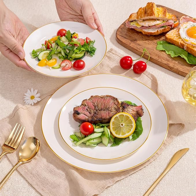 bUCLA 100PCS Ivory Plastic Plates with Gold Rim - Heavy Duty Cream Disposable Include 50 Dinner 10 inch & 50 Dessert 7 inch, for Party & Thanksgiving