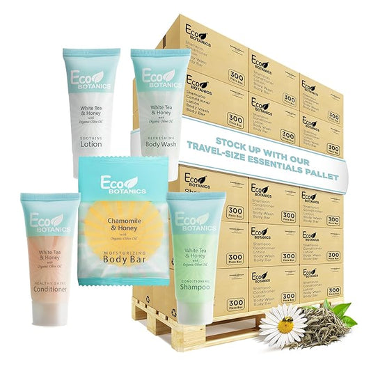 Eco Botanics Hotel Soaps & Toiletries Bulk Set | 0.85oz Hotel Shampoo & Conditioner, Body Wash, Body Lotion & Bar Soap Travel Size | Half Pallet, 36 cases with 300 units each - 10,800 pieces-BrightBean Baby