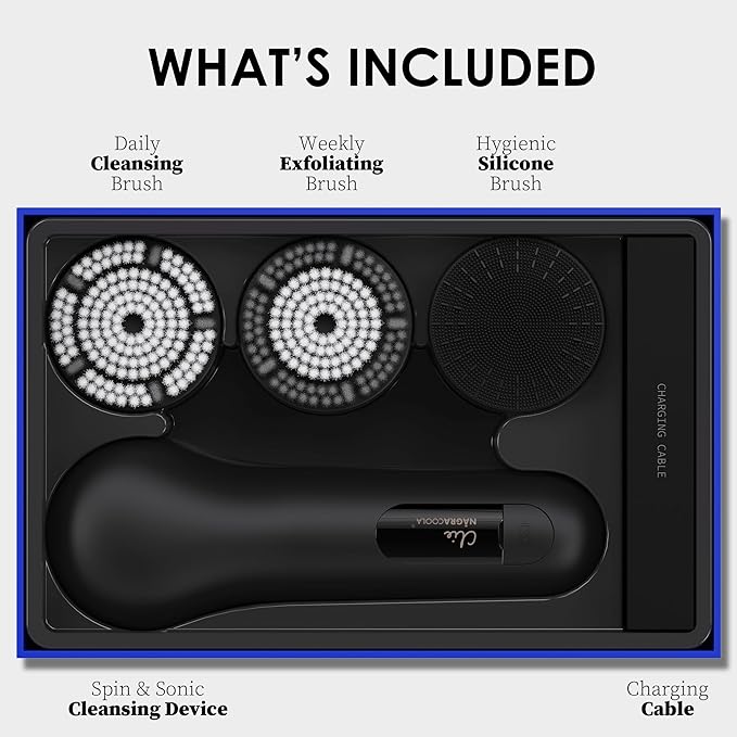 Premium Face Scrubber, Deep Pore Cleansing Brush, Waterproof & Rechargeable Face Scrub Brush for Men& Women, Electric Facial Exfoliator with 3 brushes, 3 Intensities, 2 Modes with Eye Rollor- Charcoal-BrightBean Baby