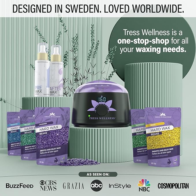 Tress Wellness Waxing Kit for Sensitive Skin – Safe for Face & Skin, Prep & Aftercare Spray, Easy to Use – At-Home Kit for Face, Bikini, Brazilian & Full Body - Digital Display, Green Mountain-BrightBean Baby