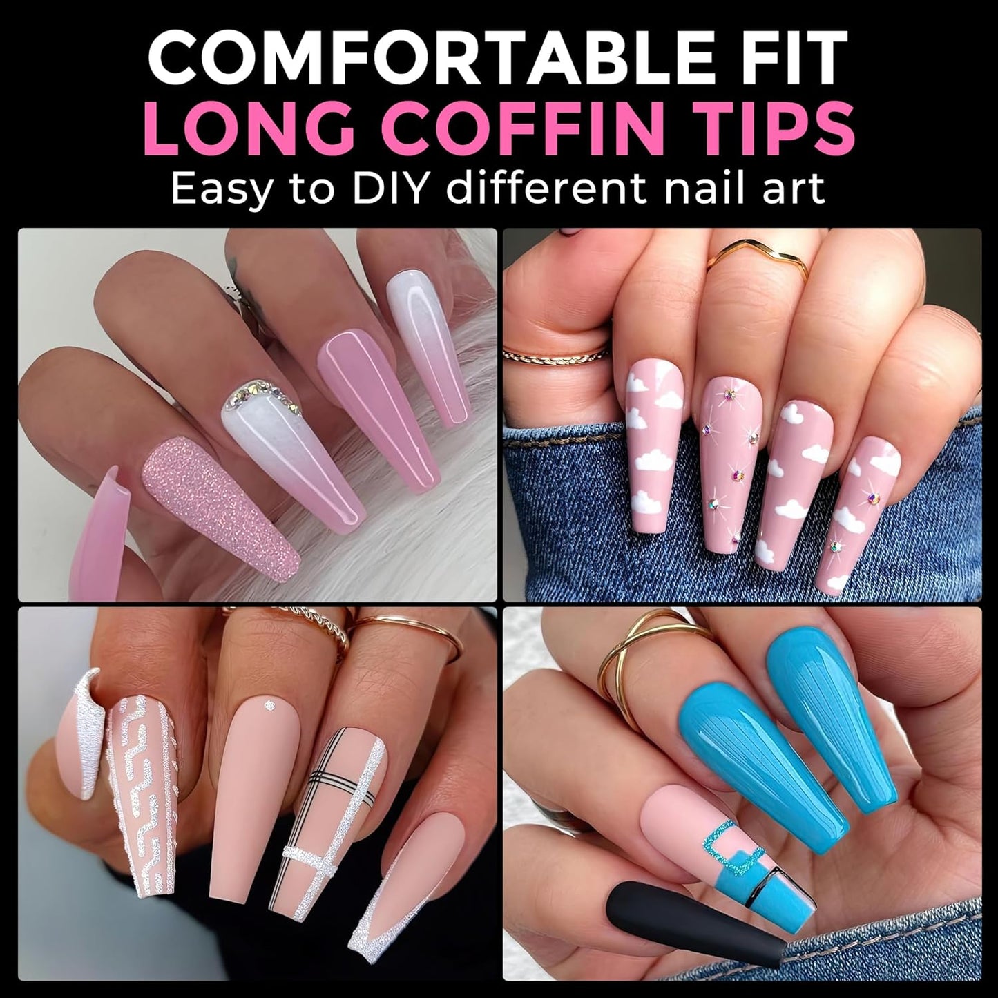 UNA GELLA Long Coffin Nail Tips: 216pcs Coffin Acrylic Fake Nails Full Cover Gel Nail Tips Press On Nails Clear Tips for Nail Extension DIY Salon 12 Sizes-BrightBean Baby