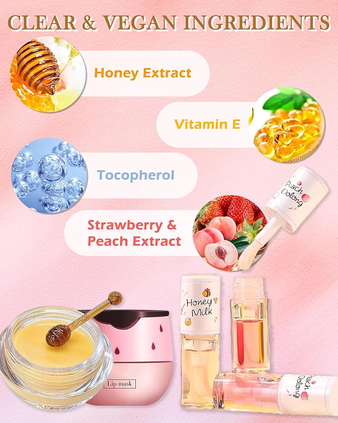 2Pcs Watermelon Lip Balm Honey Pot Lip Mask & Lip Glowy Oil Lip Care Set, Propolis Moisturizing & Nourish Hydrating Lip Gloss Repair, Reduce Lip Line & Plump Dry Cracked Lip Scrub Exfoliator -Set C-BrightBean Baby