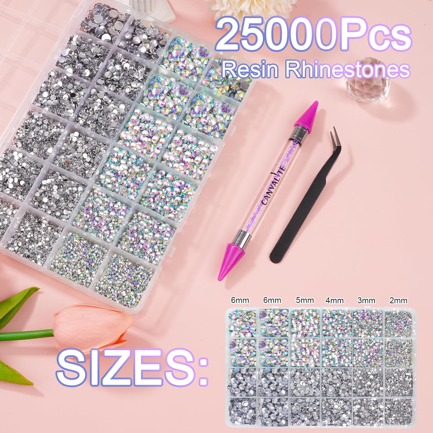 Canvalite 25000PCS Resin Jelly Rhinestones for Crafting,Clear AB Flatback Gems, Bedazzling Crystal with 5 X 2.5g B7000 Jewelry Glue and Tweezers and Dotting Pen for DIY Crafts Clothing Shoes Nail Art-BrightBean Baby