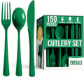 Party Solids Emerald Green Plastic Silverware Heavy Duty 150 Pieces Green Plastic Cutlery Sets, Utensil Sets, 50 Of Each Forks, Knives & Spoons Disposable Cutlery Set, Flatware Set For Party Supplies