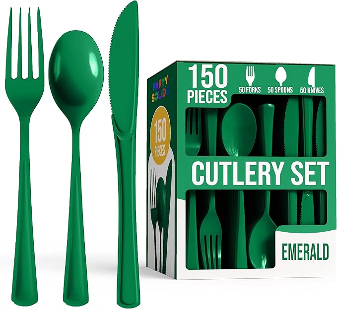 Party Solids Emerald Green Plastic Silverware Heavy Duty 150 Pieces Green Plastic Cutlery Sets, Utensil Sets, 50 Of Each Forks, Knives & Spoons Disposable Cutlery Set, Flatware Set For Party Supplies