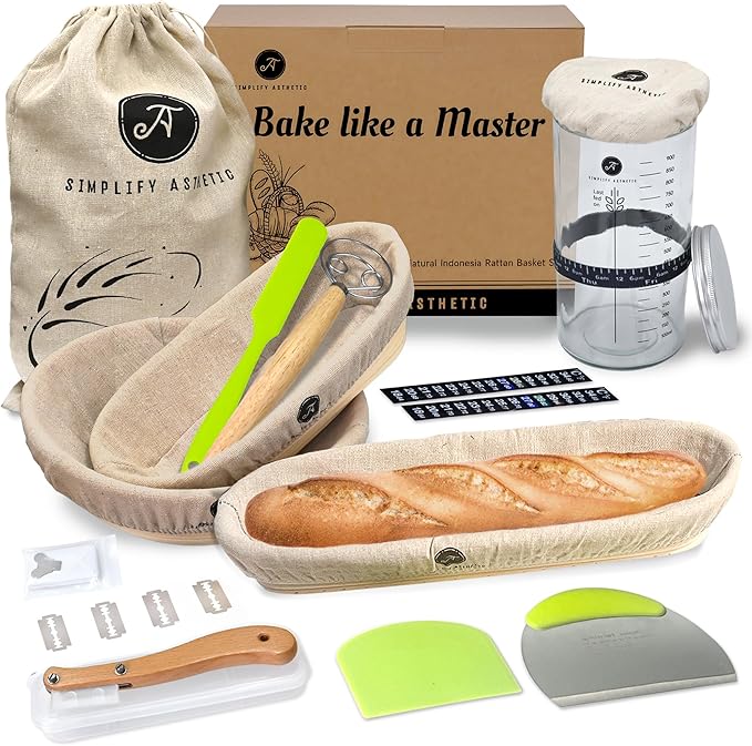 Premium Banneton Bread Proofing Basket - A Complete Sourdough Bread Baking Kit - Bread Baking Supplies - Sourdough Starter Jar Kit