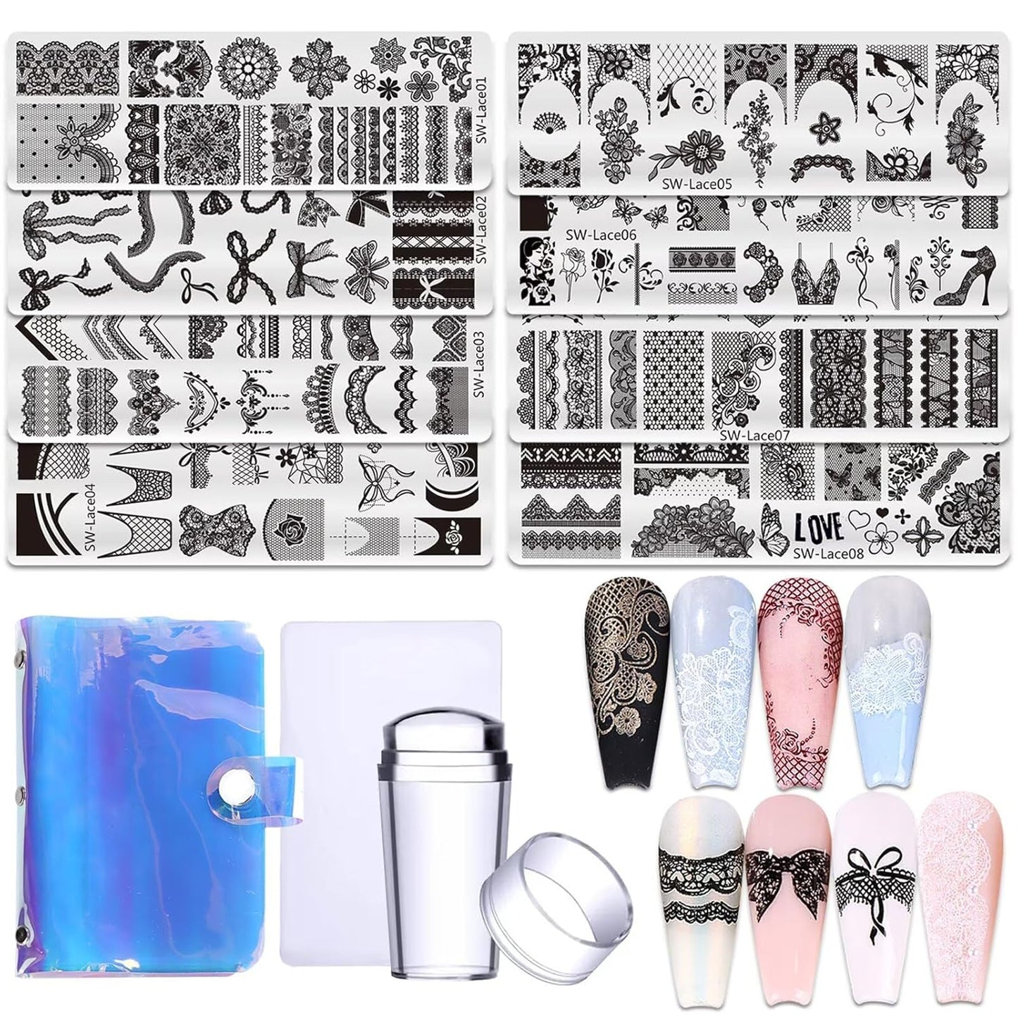 Lace Nail Stamping Plate Set - French Tip Stamp Silicone Nail Stamper Kit Bow Lace Design with Nail Stamp Plates Laser Storage Bag Nail Art Stencil Nail Supplies for Home DIY &Professional Salon-BrightBean Baby