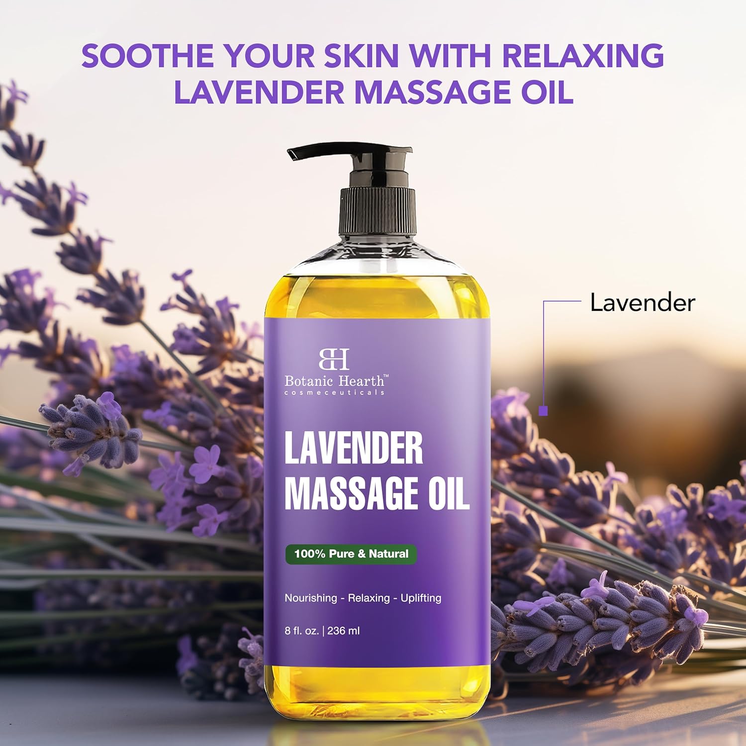 Lavender Massage Oil with Pure Lavender Oil (8 Fl Oz) Skin Tightening Massage Oil for Massage Therapy and Instant Absorption for Bum Thighs and Belly by Botanic Hearth-BrightBean Baby