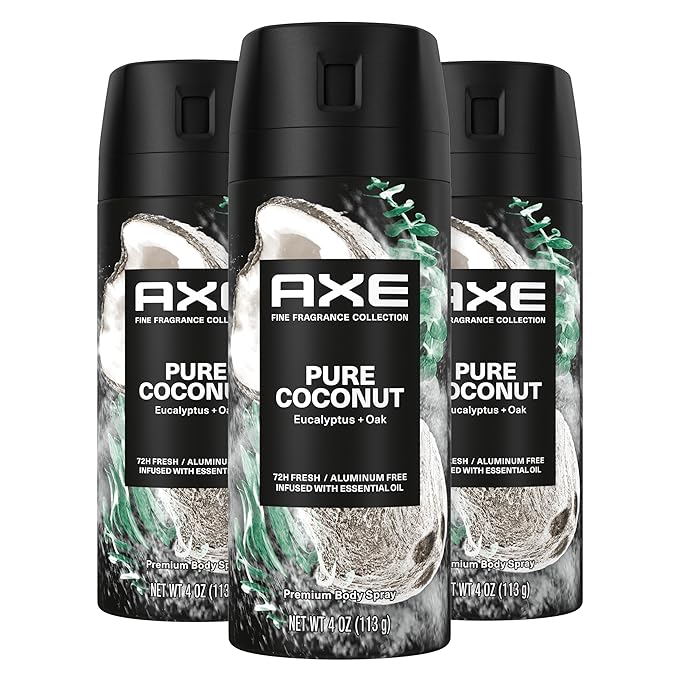 AXE Fine Fragrance Collection Premium Deodorant Body Spray for Men Pure Coconut 3 Count with 72H Odor Protection and Freshness Infused with Coconut, Eucalyptus, and Oak Essential Oils 4 oz-BrightBean Baby