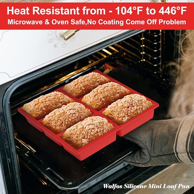 Walfos Silicone Mini Bread Baking Pan 6 Cavities Non-Stick Silicone Mini Loaf Pans 2 Pieces Food Grade Baking Mold For Bread, Cakes, Muffin, Dough, Easy Pop Out and Dishwasher Safe