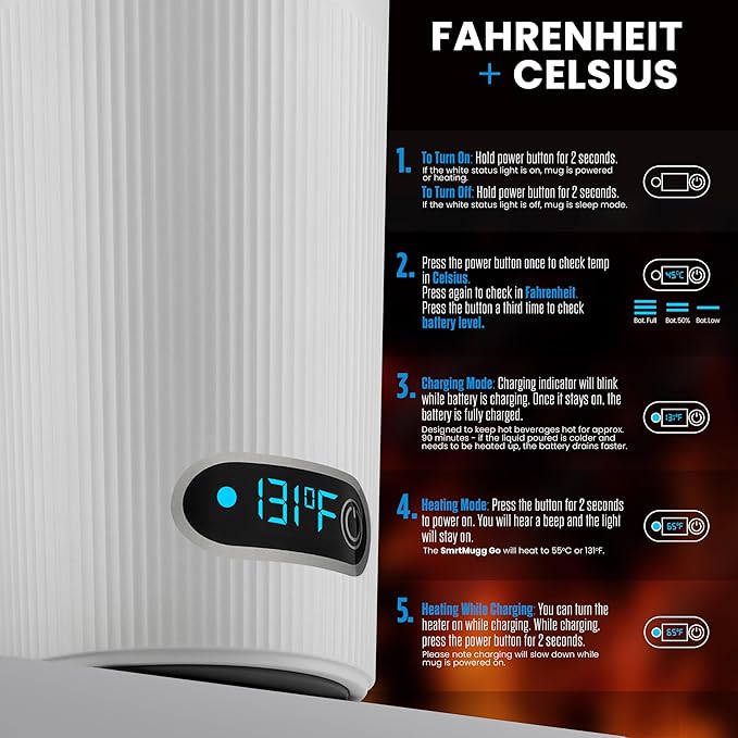 GO Heated Coffee Mug, Travel Mug, 13.5 OZ. Smart Mug, Battery Powered Heated Coffee Mug, Great for Coffee and Tea, Snap on Magnetic Charging Cord, New and Improved (White)