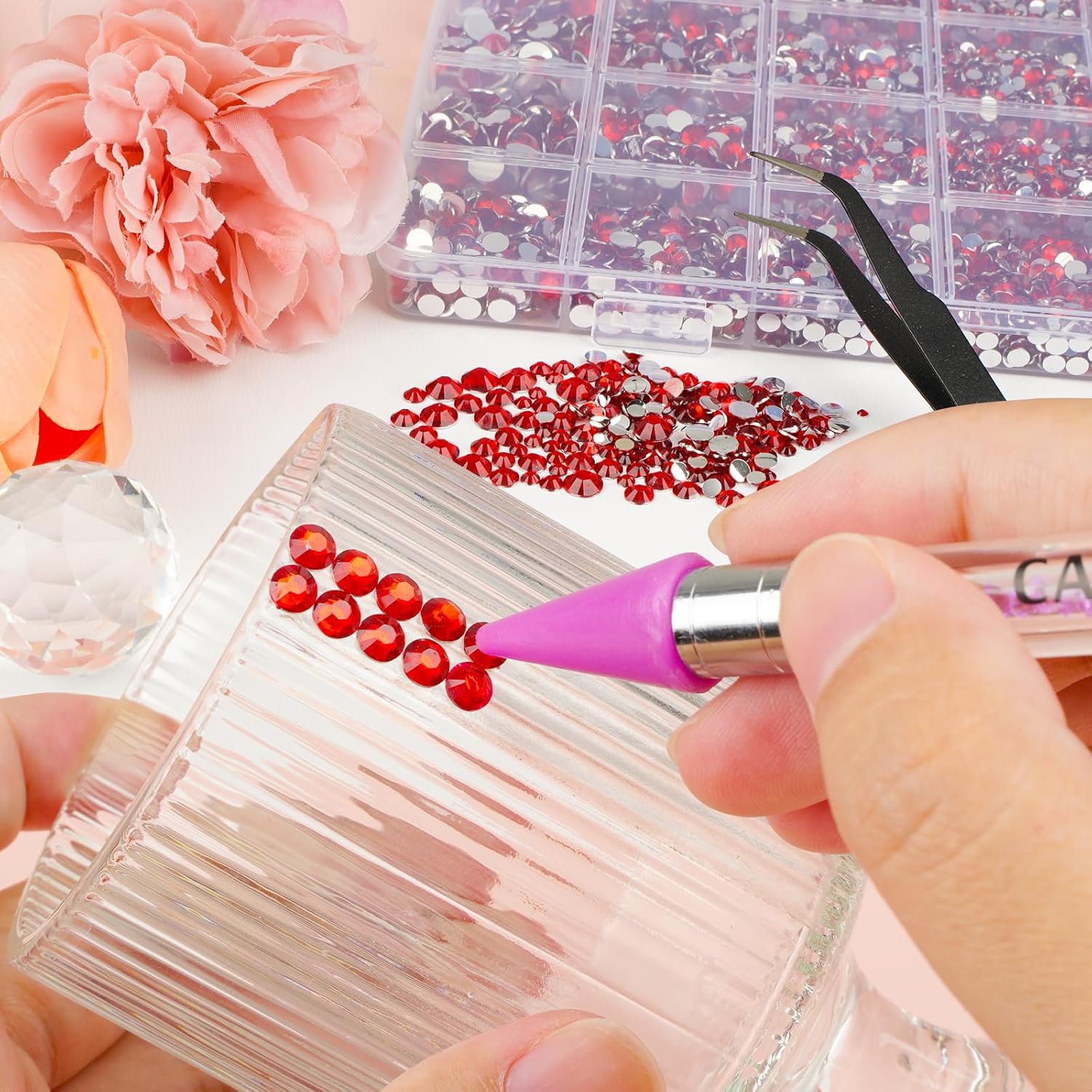 Canvalite 25000PCS Resin Jelly Rhinestones for Crafting,Red Flatback Gems, Bedazzling Crystal with 5Pcs 2.5g B7000 Jewelry Glue and Tweezers and Dotting Pen for DIY Crafts Clothing Shoes Nail Art-BrightBean Baby
